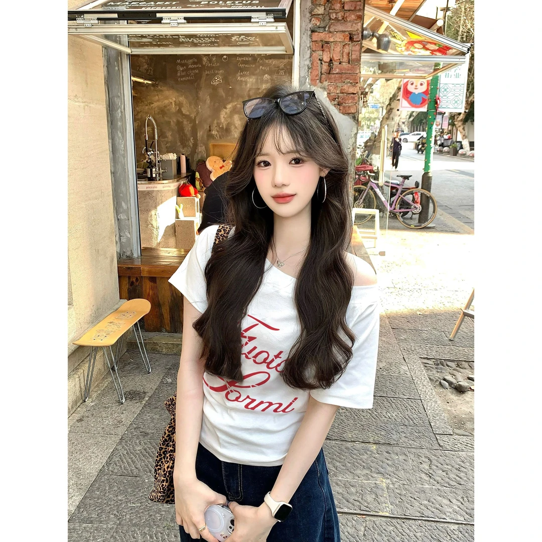 一字领短袖t恤女夏季新款穿搭美式复古宽松短款小众设计感上衣