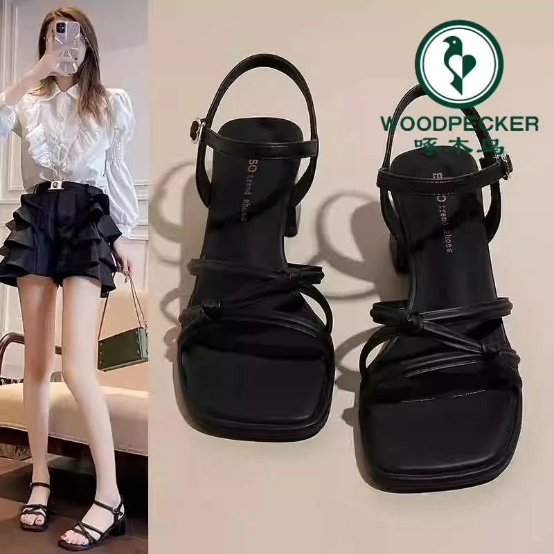 啄木鸟一字带粗跟凉鞋2025年夏季新款露趾高跟鞋配裙子黑色罗马鞋
