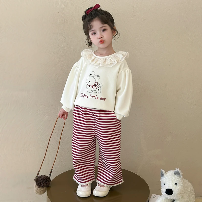 女童花边卫衣套装洋气儿童春秋季新款女宝宝条纹休闲两件套小女孩