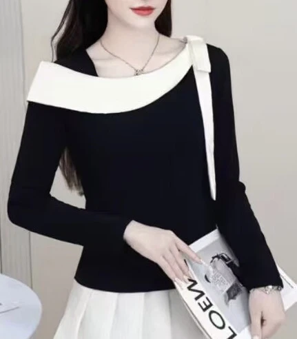 525839拼接长袖修身型T恤显瘦百搭