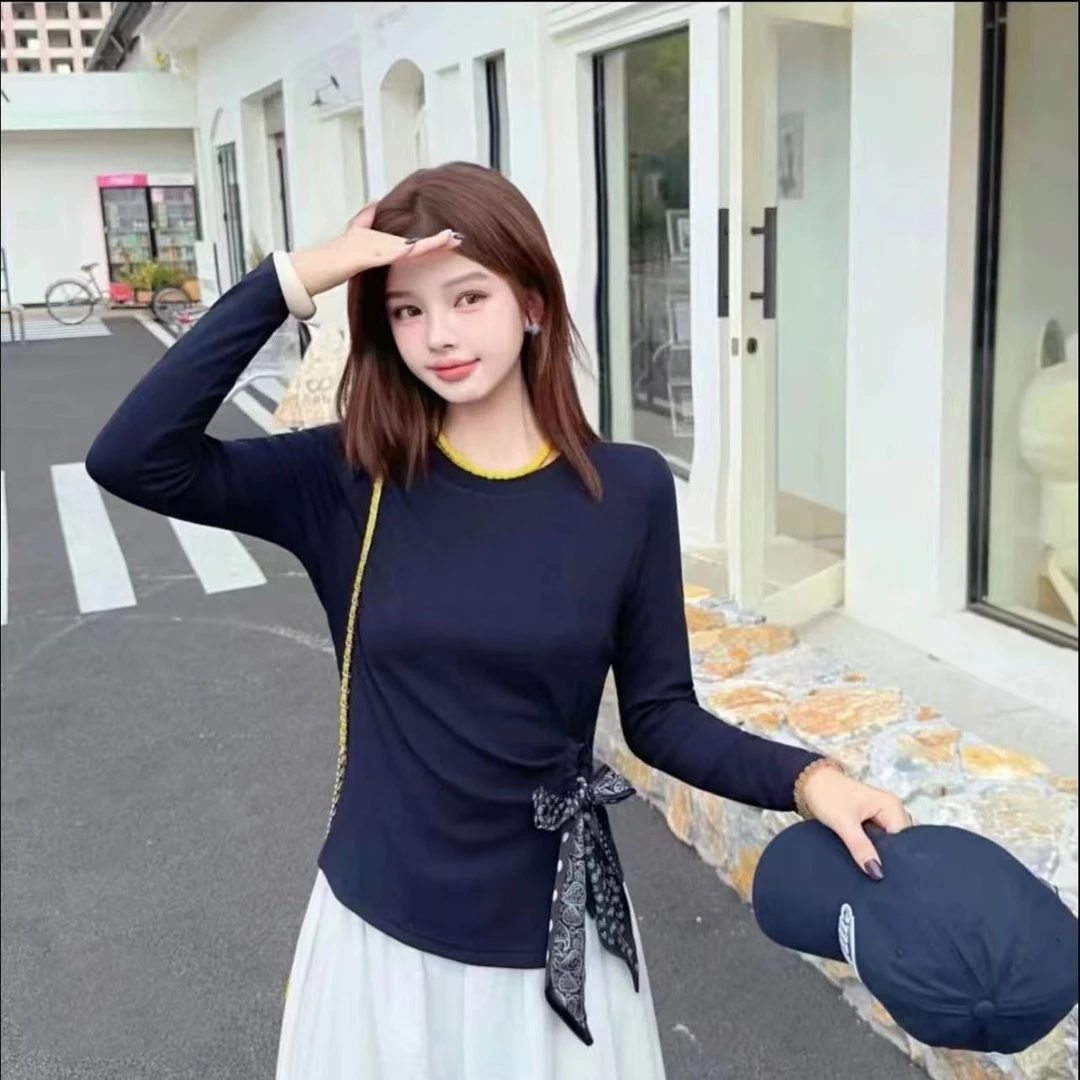 秋季新款螺纹棉高弹细腻时尚舒适长袖设计不规则显瘦打底衫