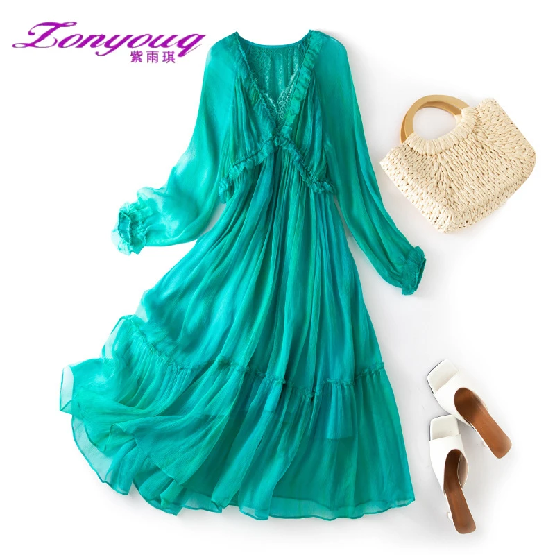 紫雨琪真丝连衣裙韩版优雅气质桑蚕丝中长款沙滩裙显瘦款