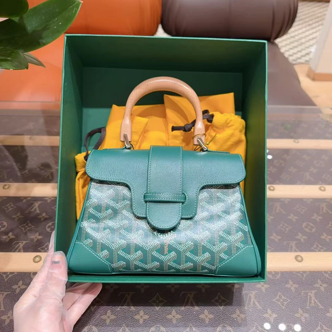 99新 Goyard Saigon mini 西贡绿色木质手柄单肩斜挎包