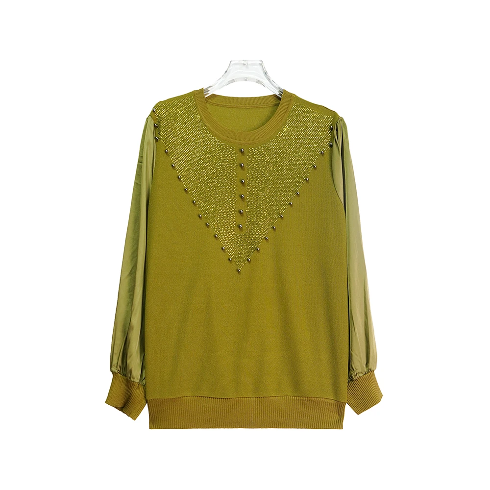 E23072【新款】时尚拼接长袖黄绿色气质设计感T恤