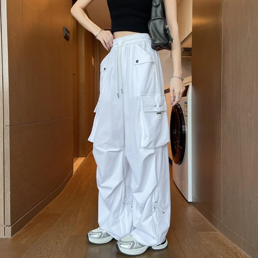 白色速干工装裤2025新款宽松高腰休闲裤子女夏薄款运动美式伞兵裤