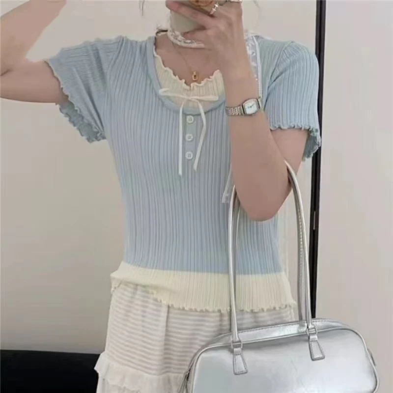 #假两件拼接 针织短袖T恤女装夏季新款小衫时尚洋气修身上衣薄款