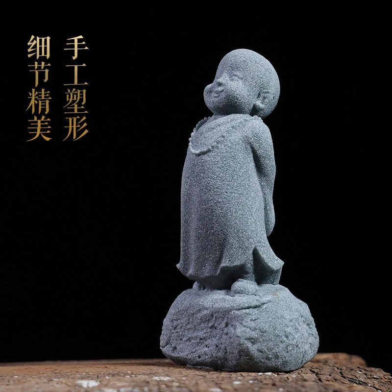 青沙石雕刻新中式禅意高档送财童子玄关招财装饰佛像高档宫廷