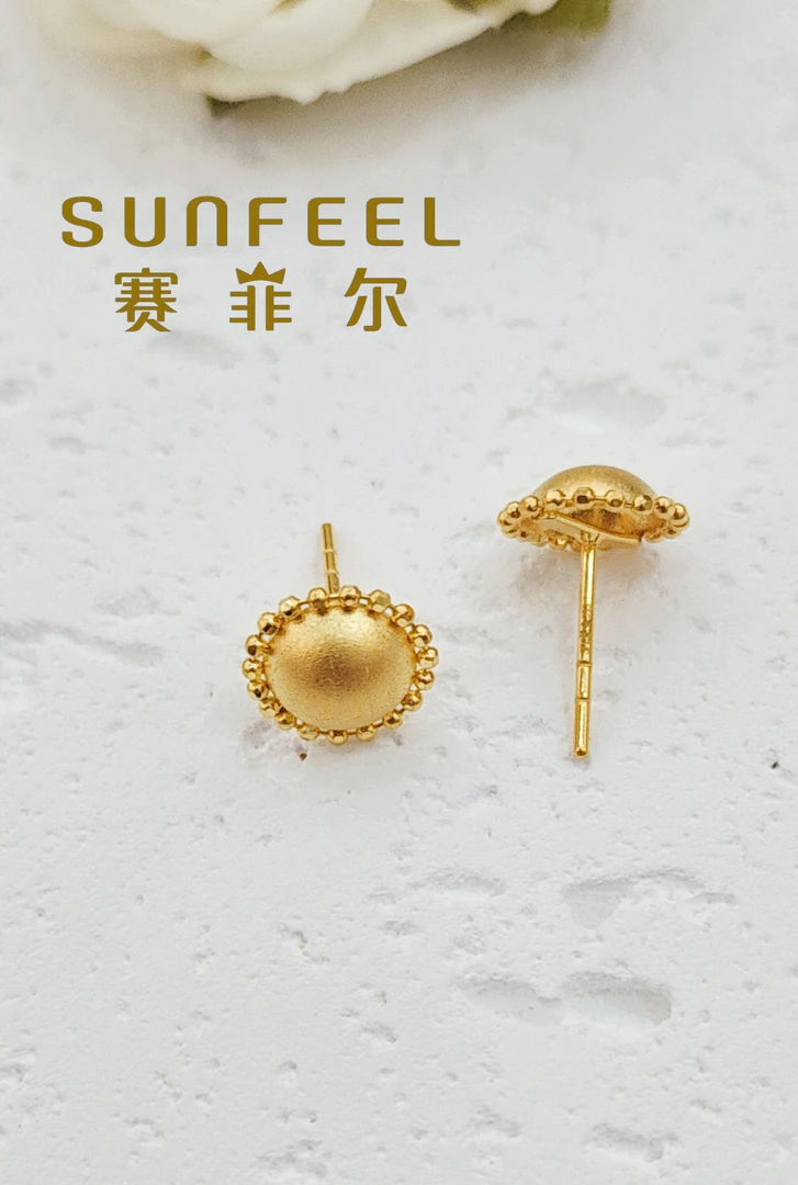 赛菲尔足金999珍珠太阳花黄金耳钉时尚大气轻奢都市复古风送礼物
