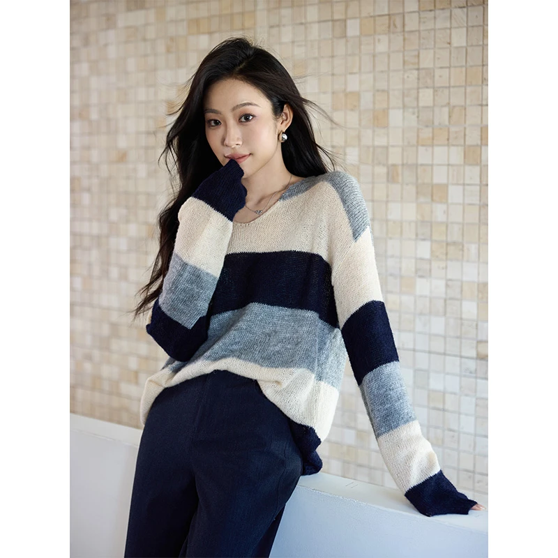 MEINA【幸运风铃】法式时尚气质设计休闲百搭简约显瘦通勤拼色毛衣