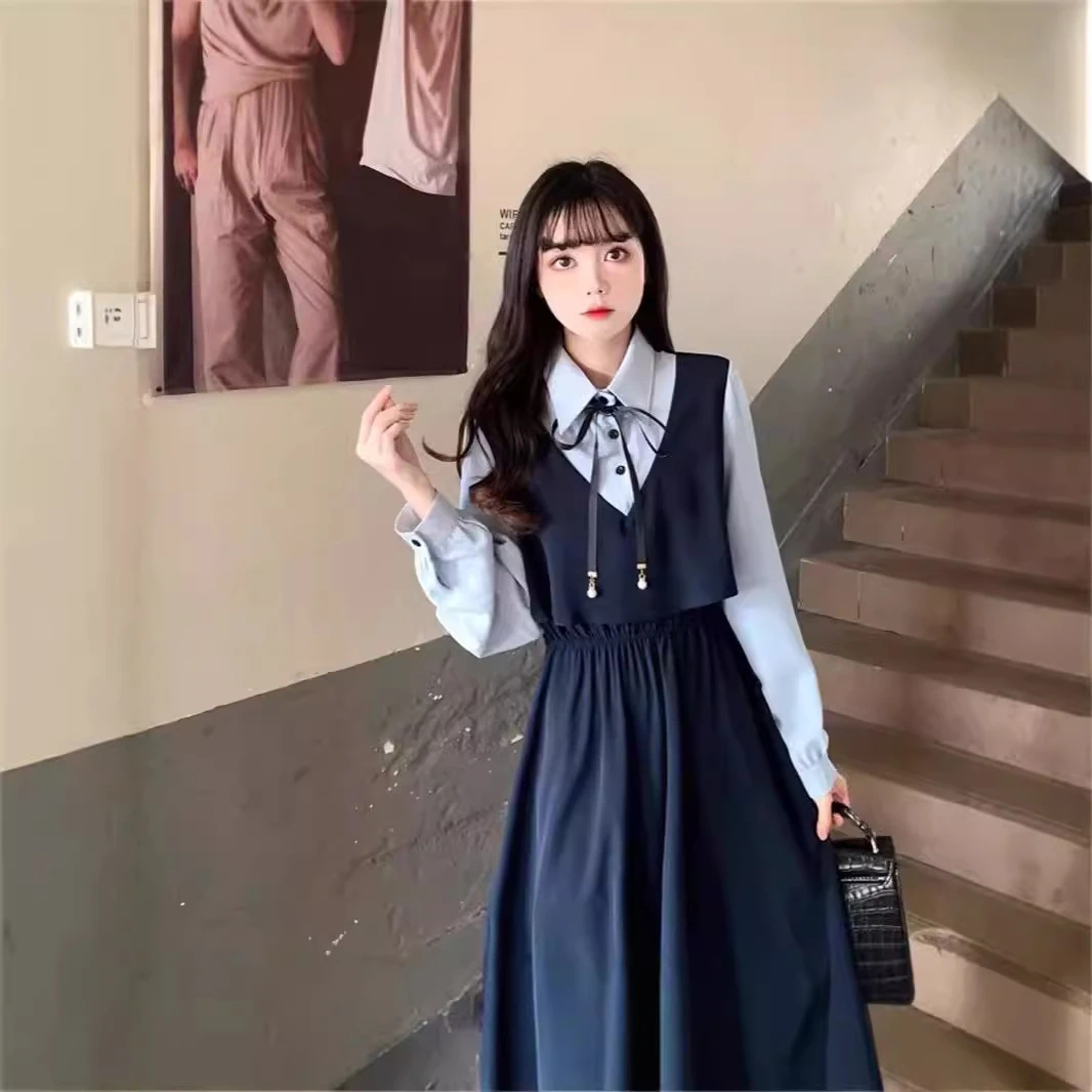 藏青色学院风连衣裙春秋假两件连衣裙复古显瘦收腰连衣裙学院风裙