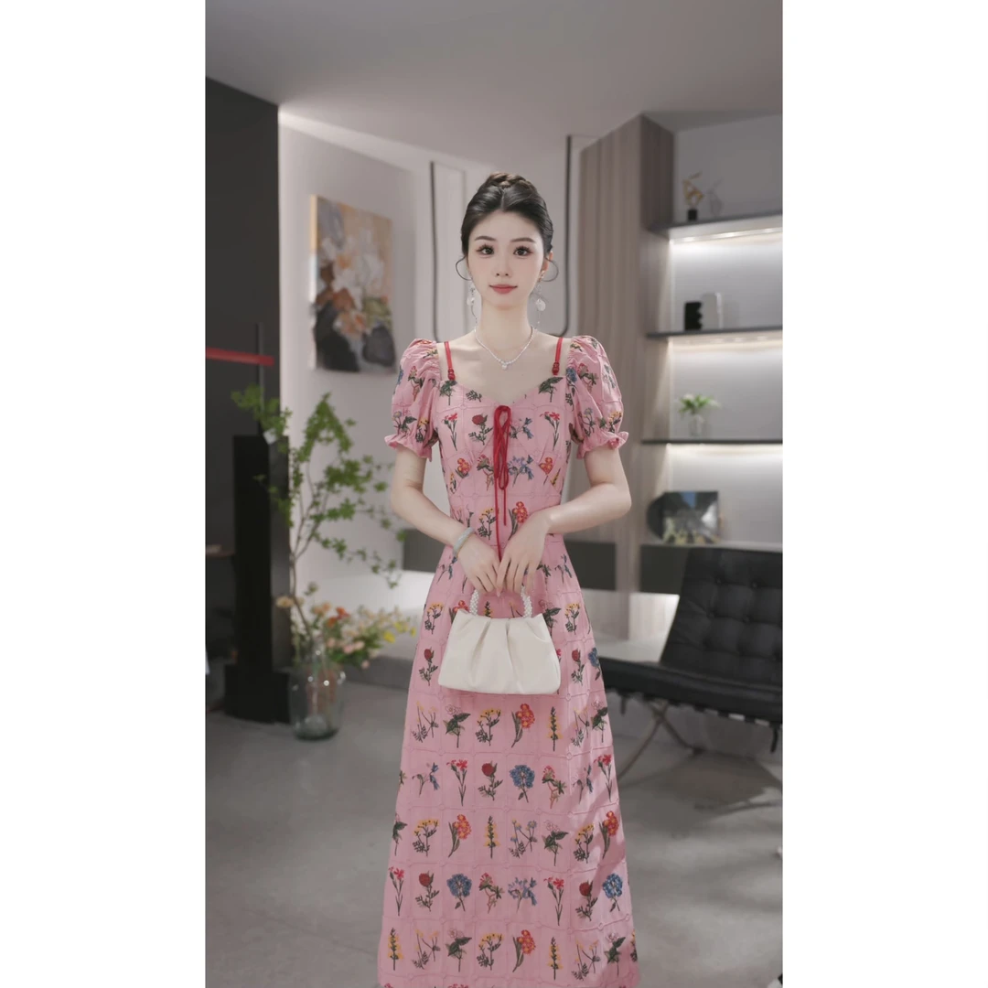 【薇宝儿-婷婷】-夏季法式复古设计感收腰显瘦碎花连衣裙女-55154K