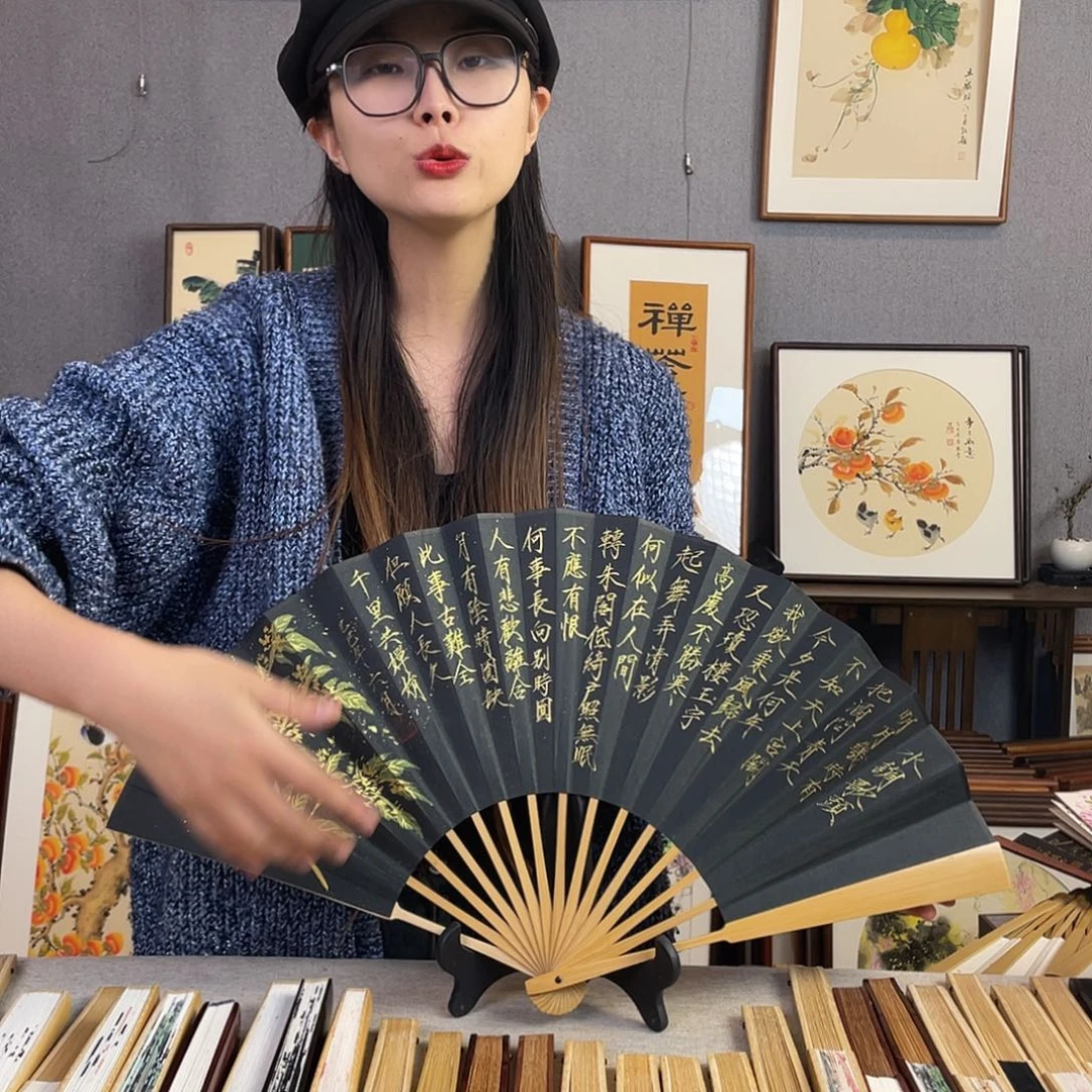 国画10寸玉竹-纯手绘-文玩扇骨（默认粘好）