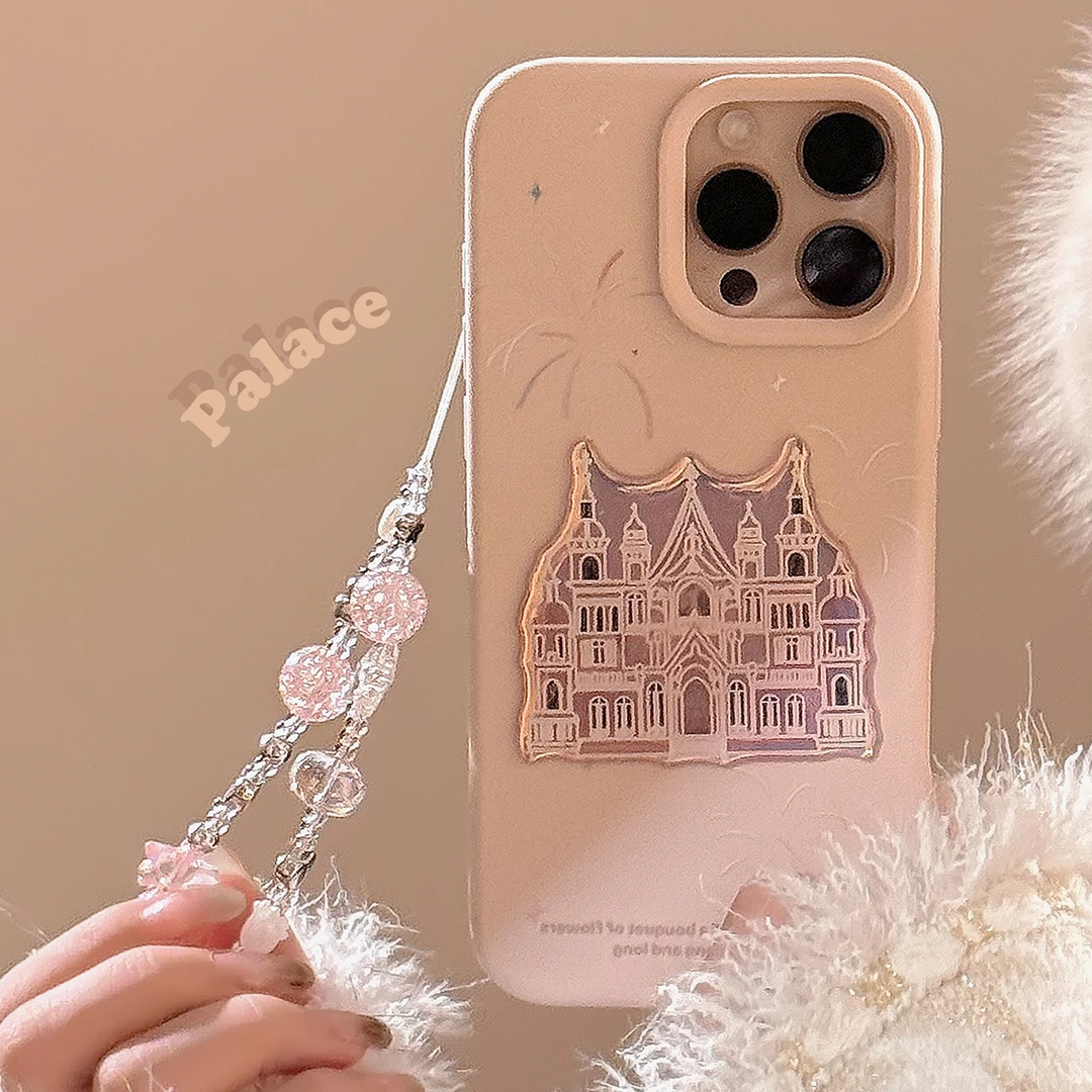 适用苹果16手机壳镭射粉城堡iphone15挂链14promax甜美立体13硅胶