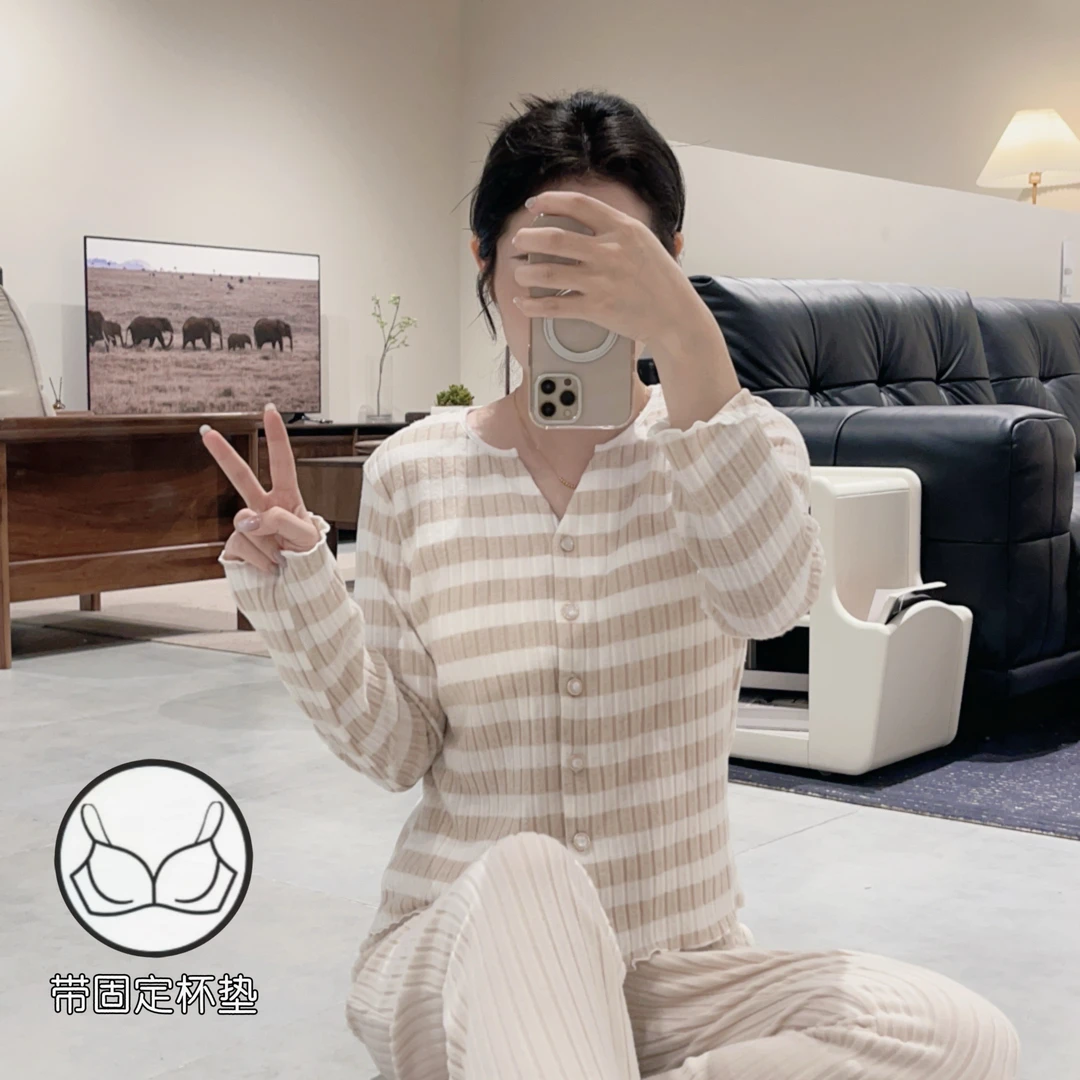 新款秋冬条纹长袖带杯垫保暖睡衣女款2025爆款可外穿薄绒套装2622