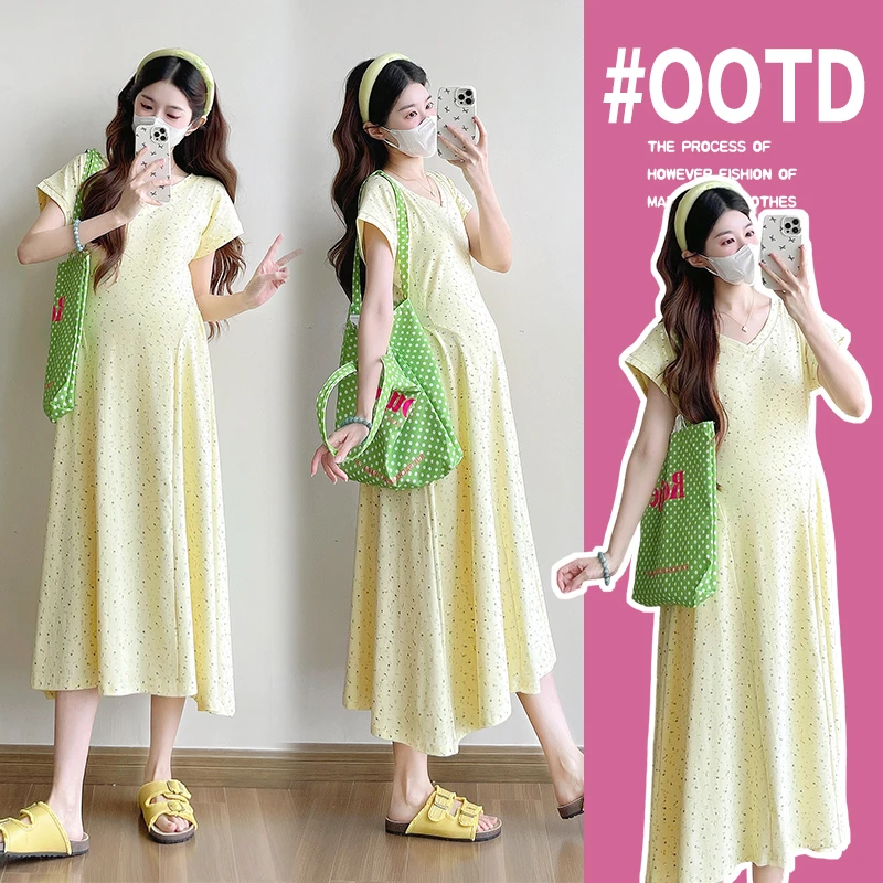 2025新款孕妇装夏季透气时尚外穿百搭中长款短袖V领孕妇连衣裙
