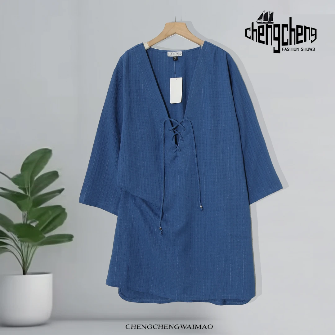 V领系带透气女士轻熟风中长款长袖高级感薄款连衣裙S257