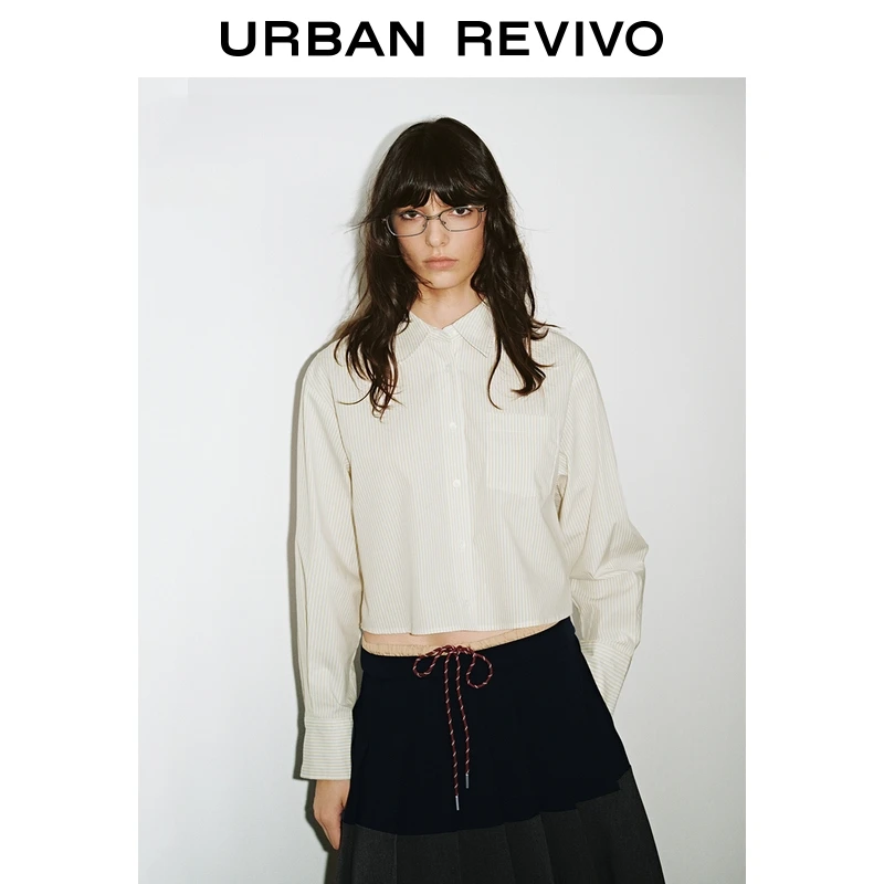 UR2025秋季新款女装休闲竖条纹系带长袖开襟衬衫UYY250086+