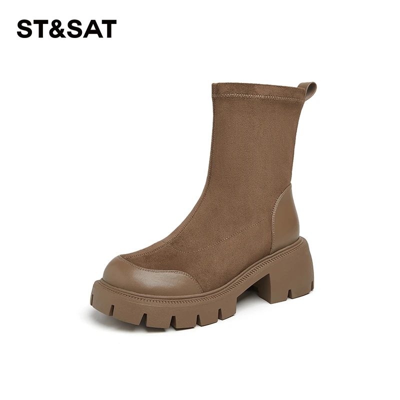 星期六厚底弹力靴女款2024冬季新款加绒加厚瘦瘦靴时尚百搭小短靴