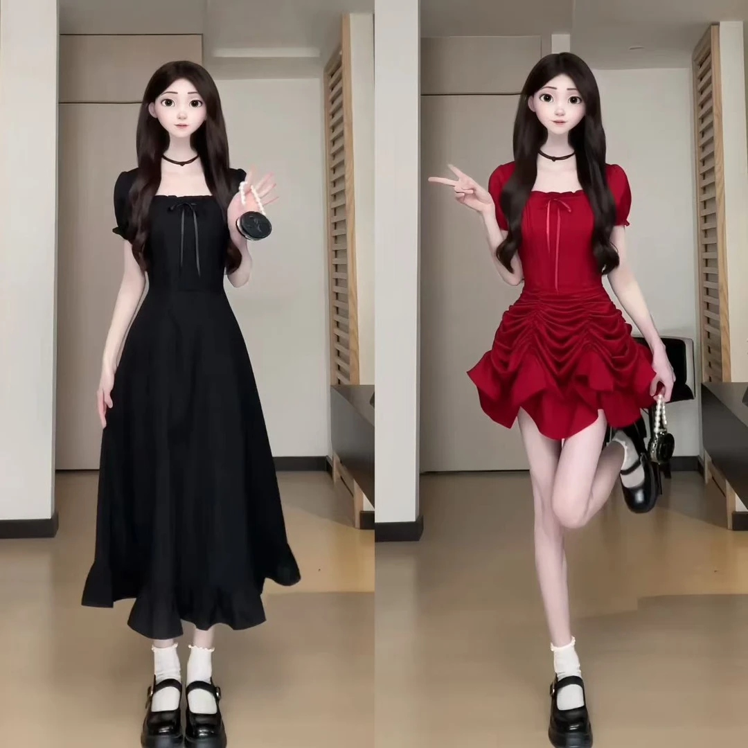 夏季新款时尚设计感三穿抽绳红色连衣裙女收腰方口领绝美A字长裙