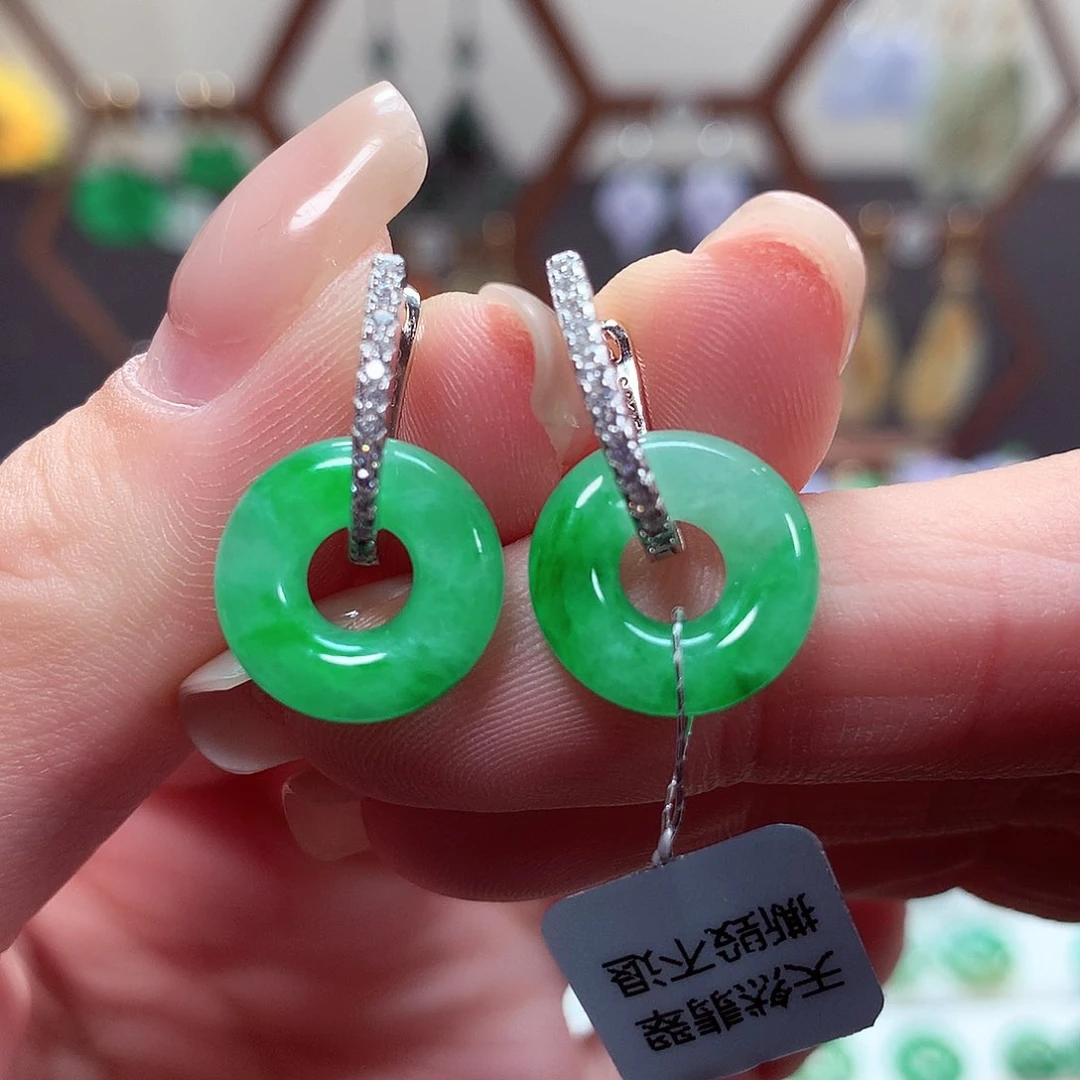 翡翠耳饰银S925镶嵌天然翡翠