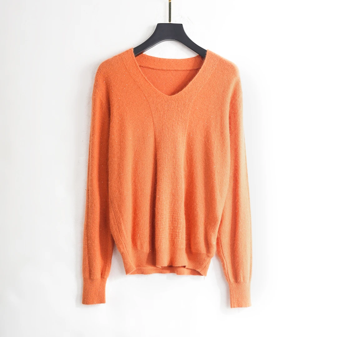 【秋冬新款】C5045橘色韩版设计感气质V领洋气休闲百搭套头针织衫