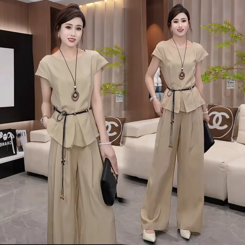 2025夏季新款时尚套装女洋气显瘦收腰短袖上衣休闲阔腿裤两件套潮