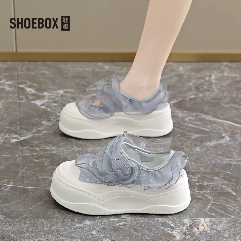 SHOEBOX鞋柜厚底休闲鞋2025新款百搭魔术贴软底松糕网纱玛丽珍鞋