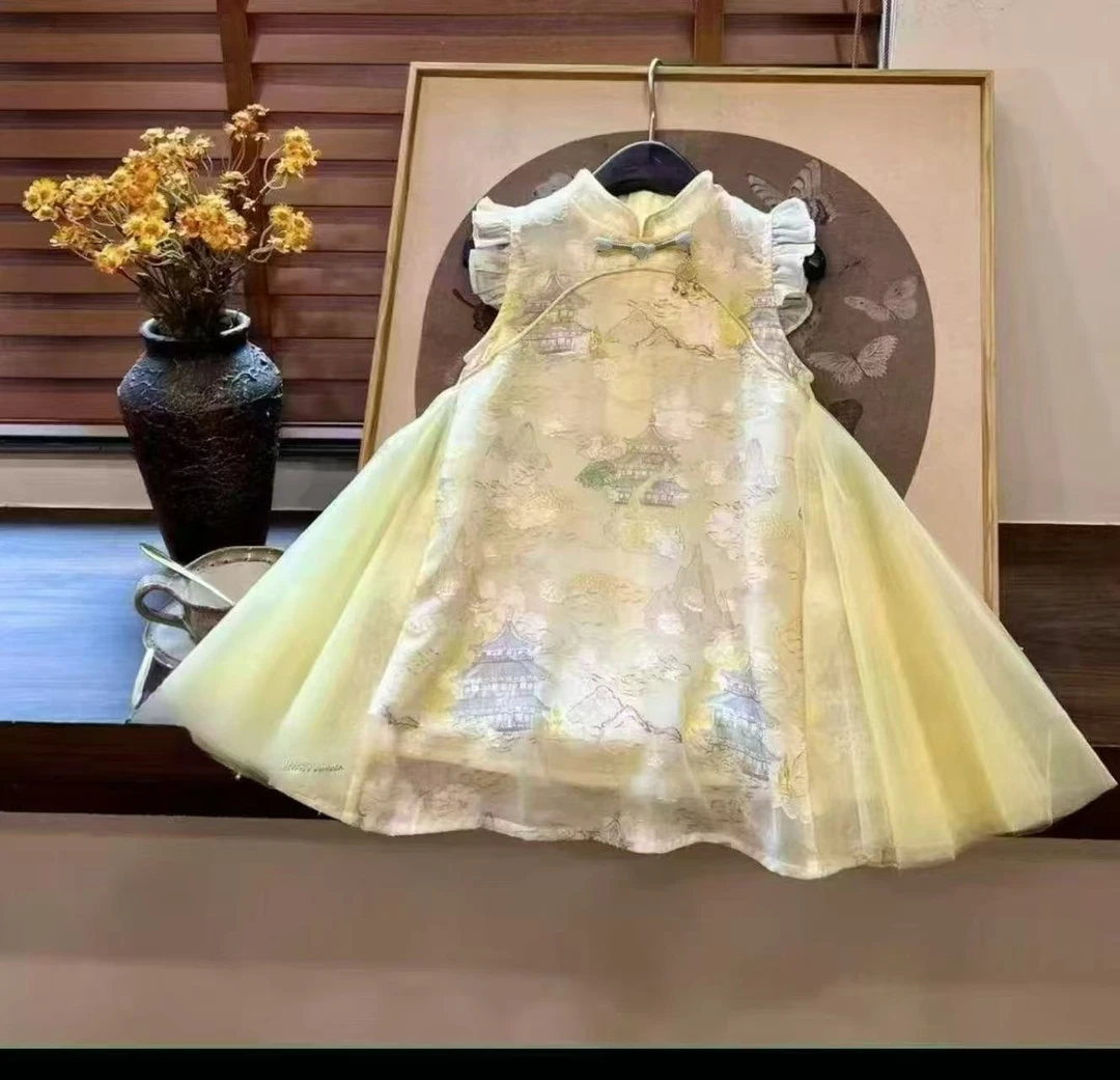 042【送项链】休闲风亭台刺绣女B类夏季连衣裙中国风唐装童装女童