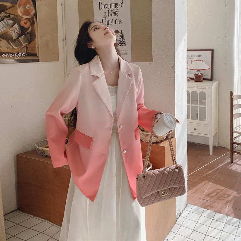 渐变粉色超好看西服外套女2025早春新款甜美少女气质上衣百搭西装
