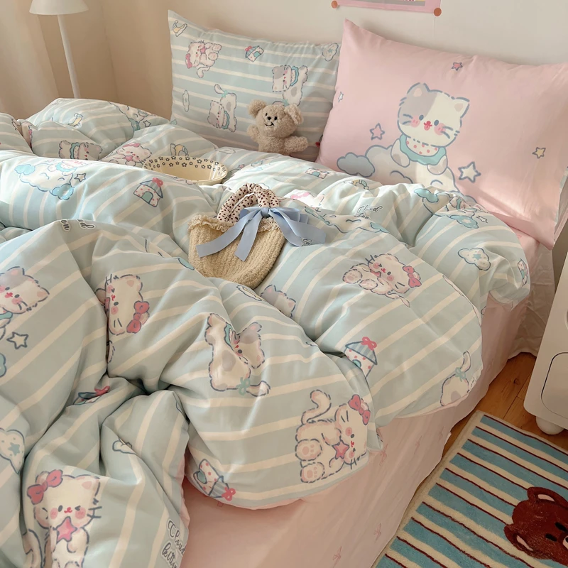 「梦皙」可爱喵喵呀全棉四件套100%纯棉卡通被套床单三件套床上用品