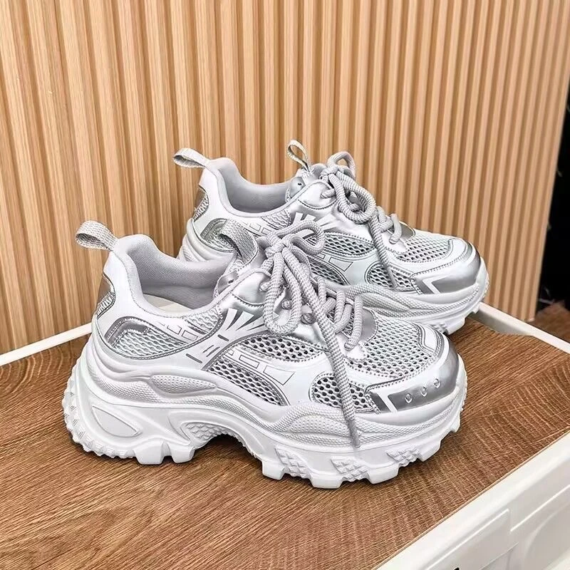 松糕厚底老爹鞋女小个子增高2025夏季新款银色百搭休闲运动鞋