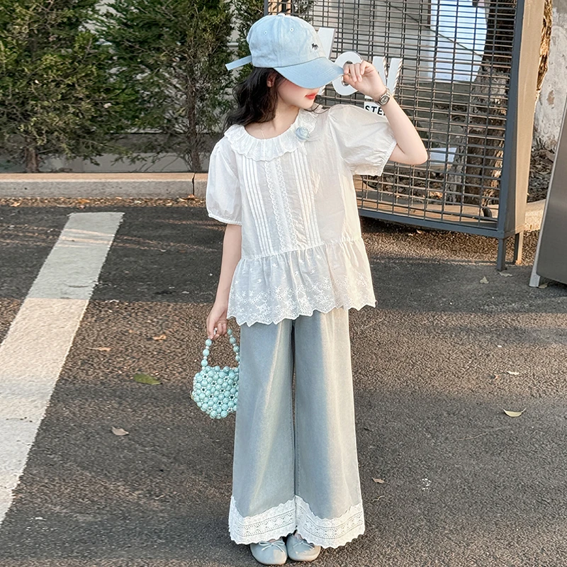 女童夏季娃娃衫2025新款洋气韩系荷叶边无袖衬衫大儿童白色飞袖衫