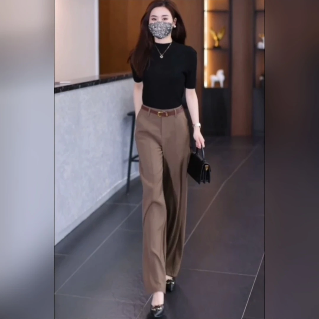 窄版咖色高腰西装裤女春夏新款休闲通勤韩版显瘦洋气直筒阔腿裤