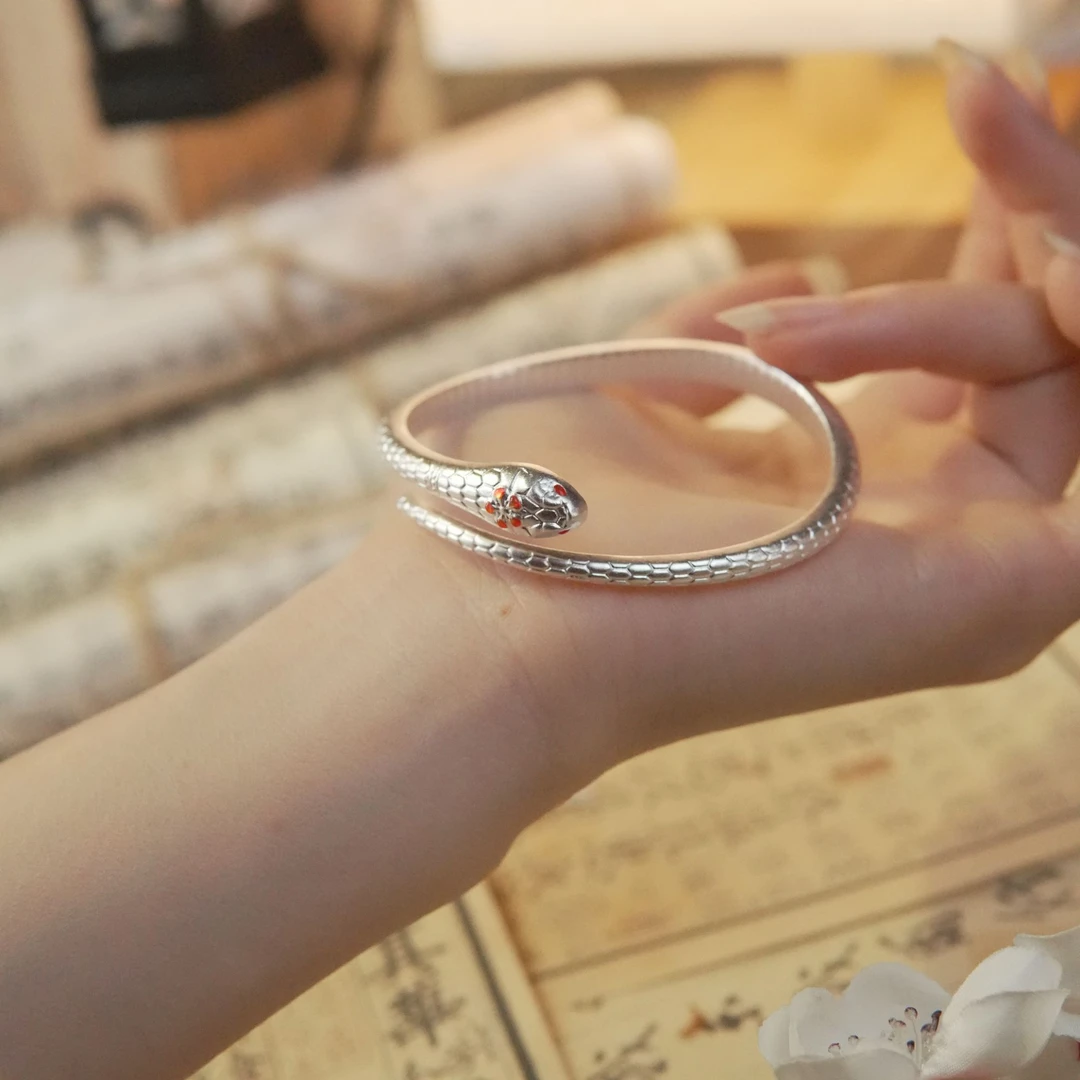 足银手镯 足银999.9灵蛇手镯女士女款首饰镯子精美时尚气质