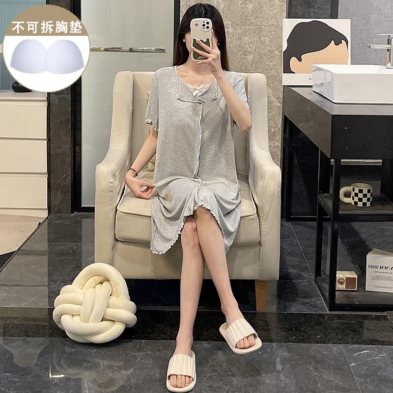 简约蝴蝶结睡衣女夏季莫代尔棉灰色短袖带胸垫睡裙宽松休闲家居服