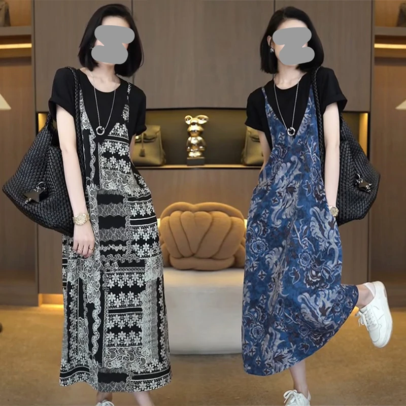 国风印花假两件短袖连衣裙女夏季新款法式时尚洋气显瘦中长款裙子