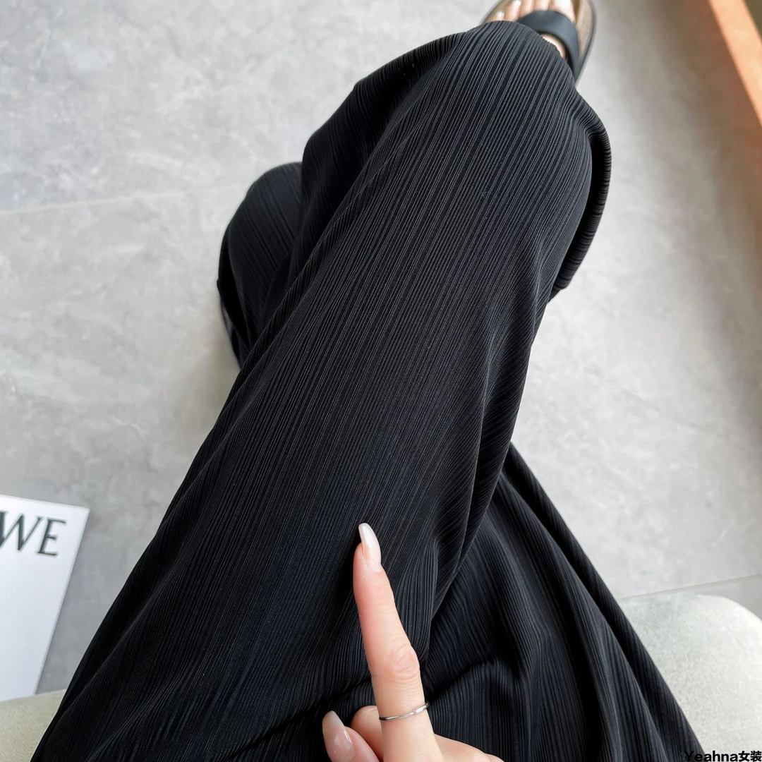 夏季凉感冰丝薄款窄版条纹阔腿裤高腰宽松休闲黑色垂感直筒裤防蚊