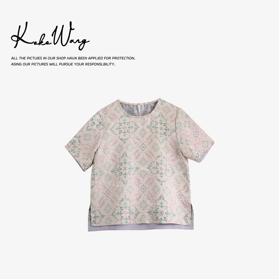 KOKO WANG夏季桑蚕丝提花高级感显瘦百搭短袖上衣502445F18T47