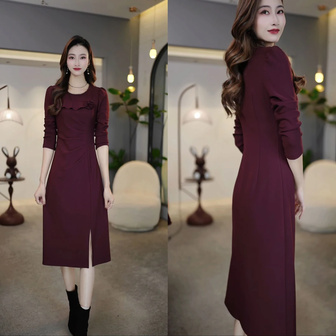 【现货】2024秋季显瘦开叉收腰长袖时尚女红色修身女装连衣裙M-4XL