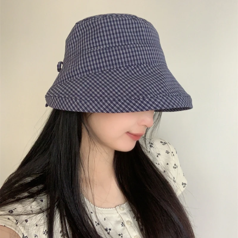 温德尔少女~miu系甜美藏青格子渔夫帽女新款夏季大檐遮阳盆帽