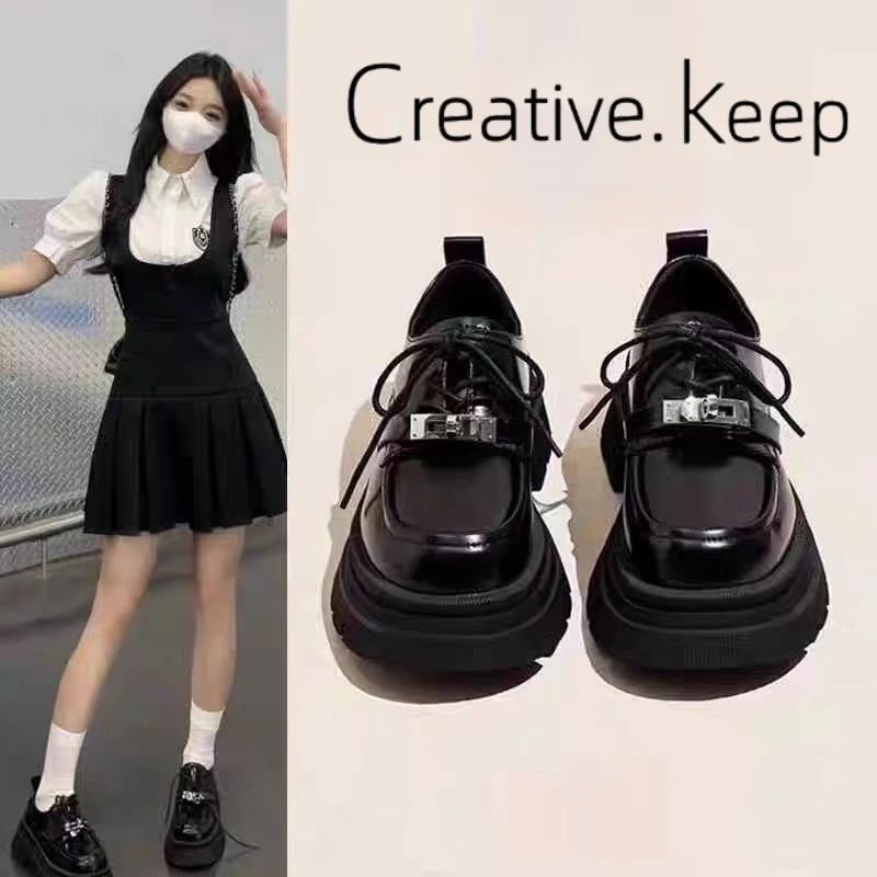 creative.keep厚底黑色小皮鞋女2025春秋季新款系带复古百搭单鞋