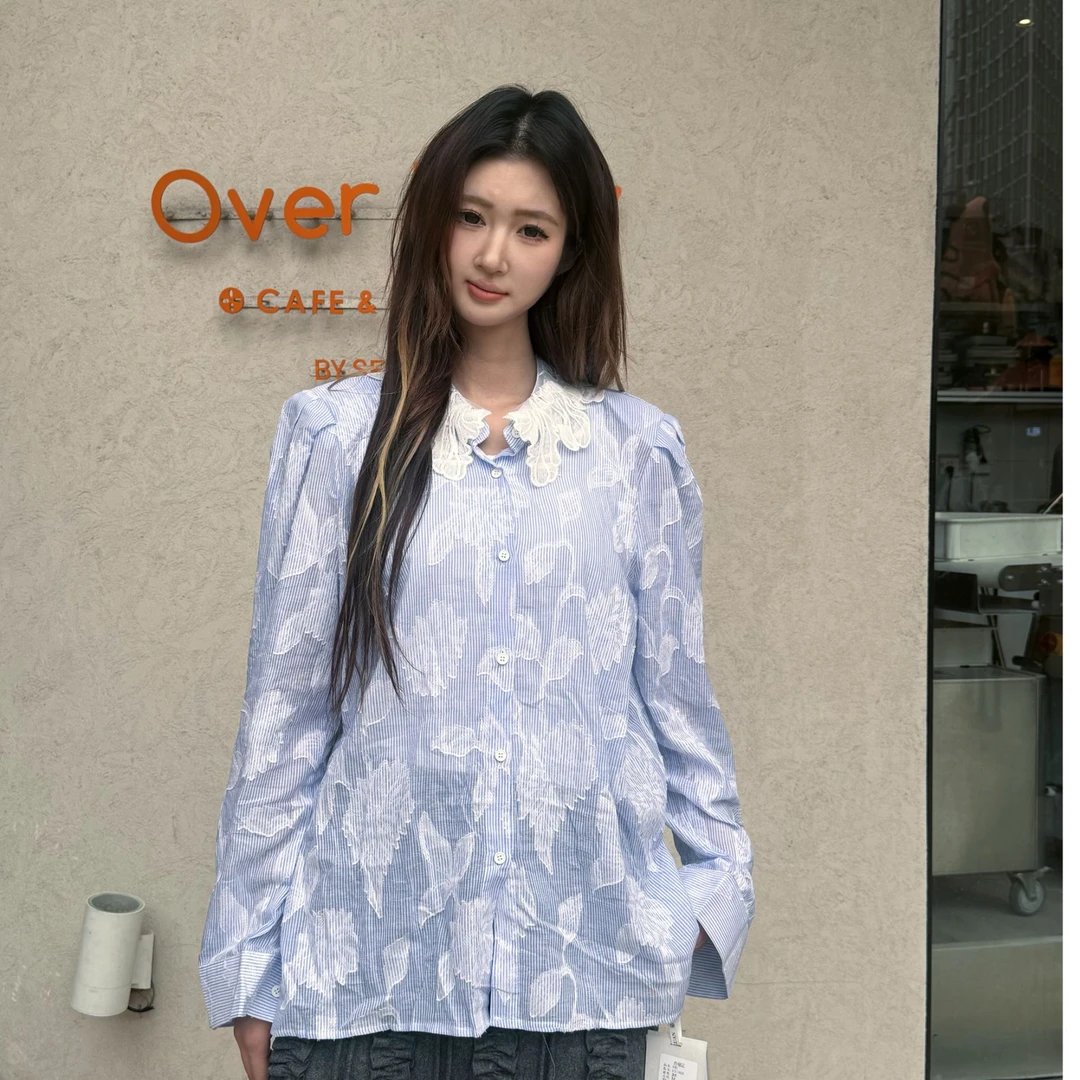 铂屋馆B53368扎花防晒女装上衣春夏长袖宽松小众蓝色衬衫