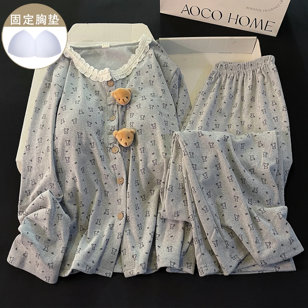 带胸垫睡衣女可爱灰色小熊德绒保暖秋冬季网红ins宽松家居服套装