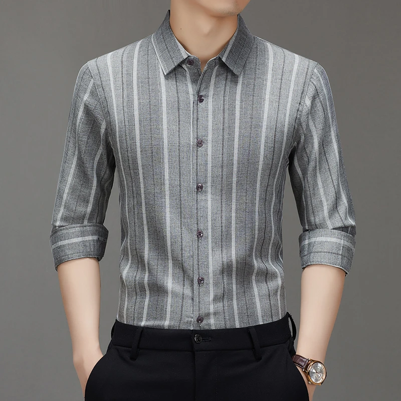 春秋男士新款高档长袖衬衫翻领透气商务休闲条纹时尚棉男士衬衣