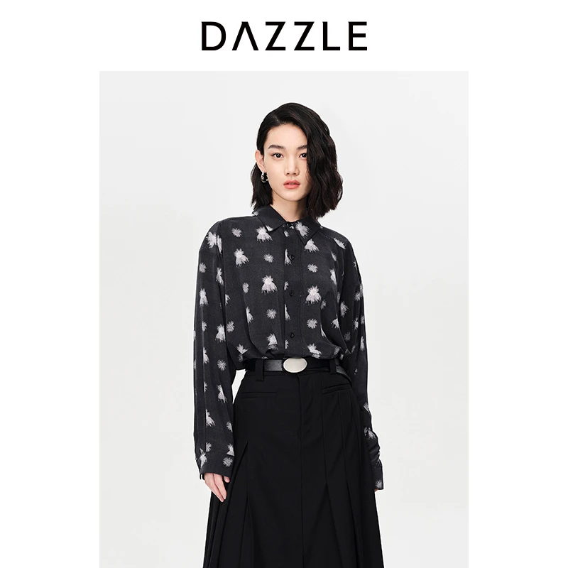DAZZLE地素新款黑色复古砂洗真丝做旧印花长袖衬衫上衣女2H1C422