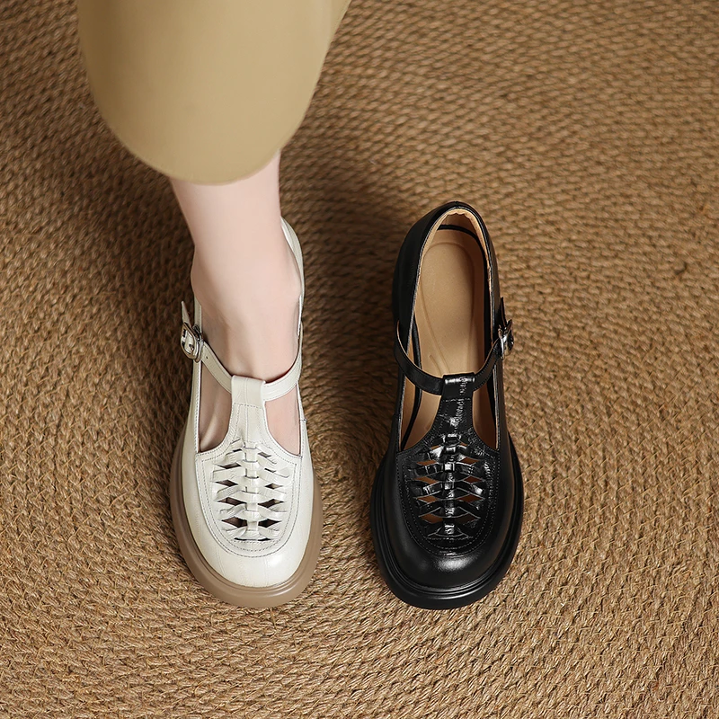 8CM，牛皮防滑粗跟高跟鞋圆头软底单鞋大码玛丽珍厚粗跟厚底玛丽珍