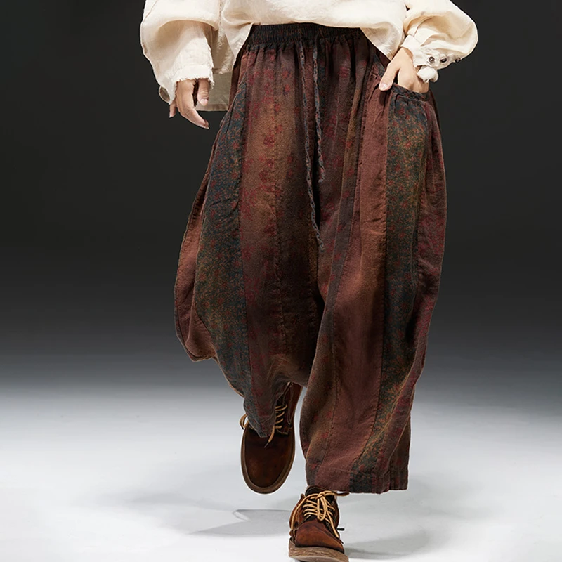 麻依者25春夏款拼接碎花大口袋宽松复古垮档休闲灯笼裤#M-075