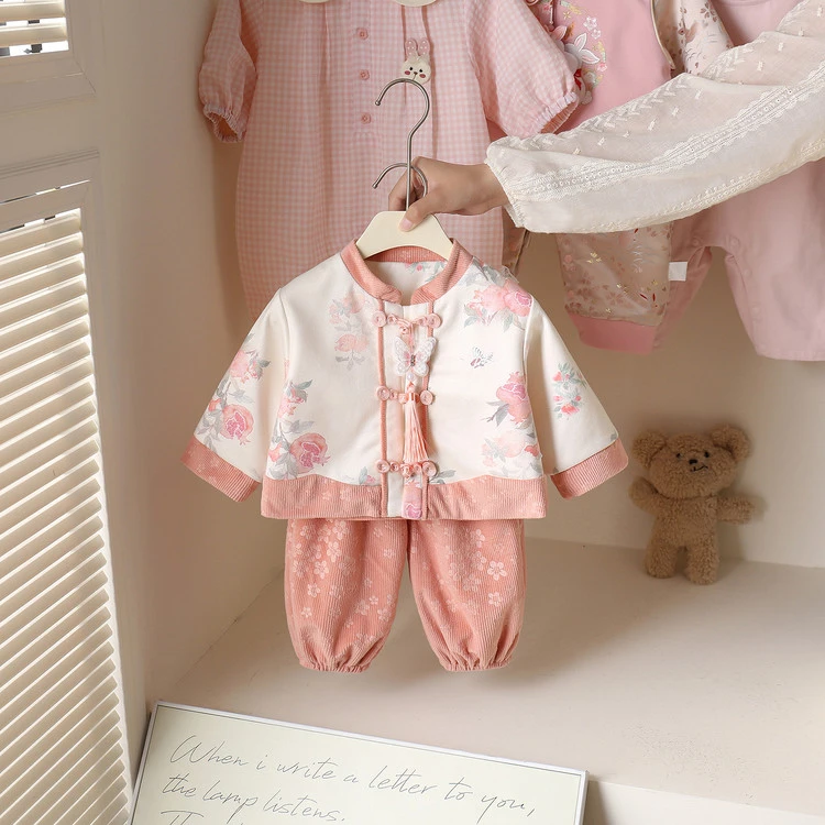 婴幼儿新中式分体套装春秋款哈衣女宝宝百天抓周生日礼服国风爬服