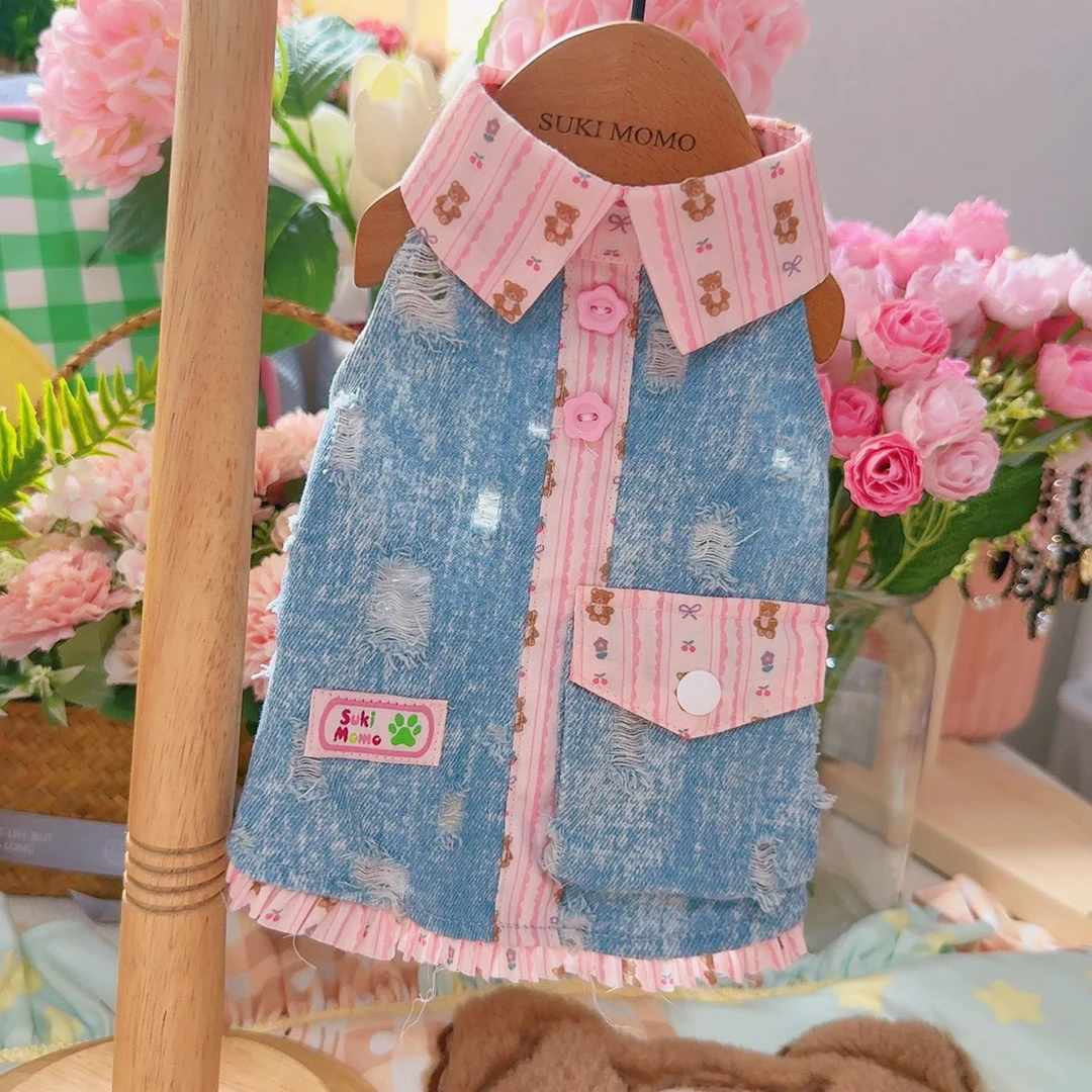 夏季新款宠物服牛仔破洞衬衣