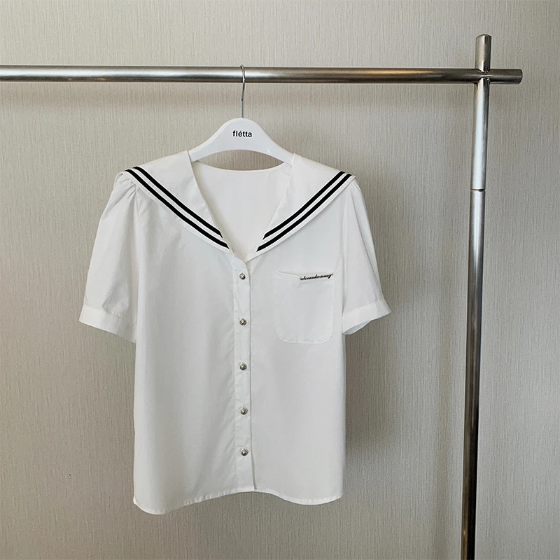 大翻领海军风时尚白色上衣百搭夏季学院风短袖衬衫
